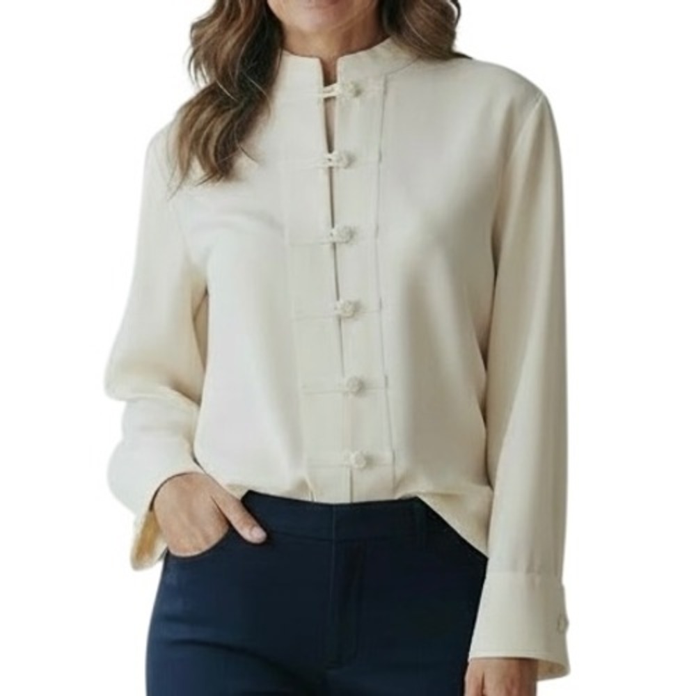 Talbots Pure Silk Blouse Womens 2P Ivory Mandarin Collar Frog Button Top